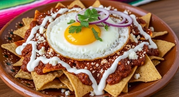 Plato de barro con totopos cubiertos de salsa roja, un huevo frito, queso desmoronado, crema, aros de cebolla morada y cilantro.