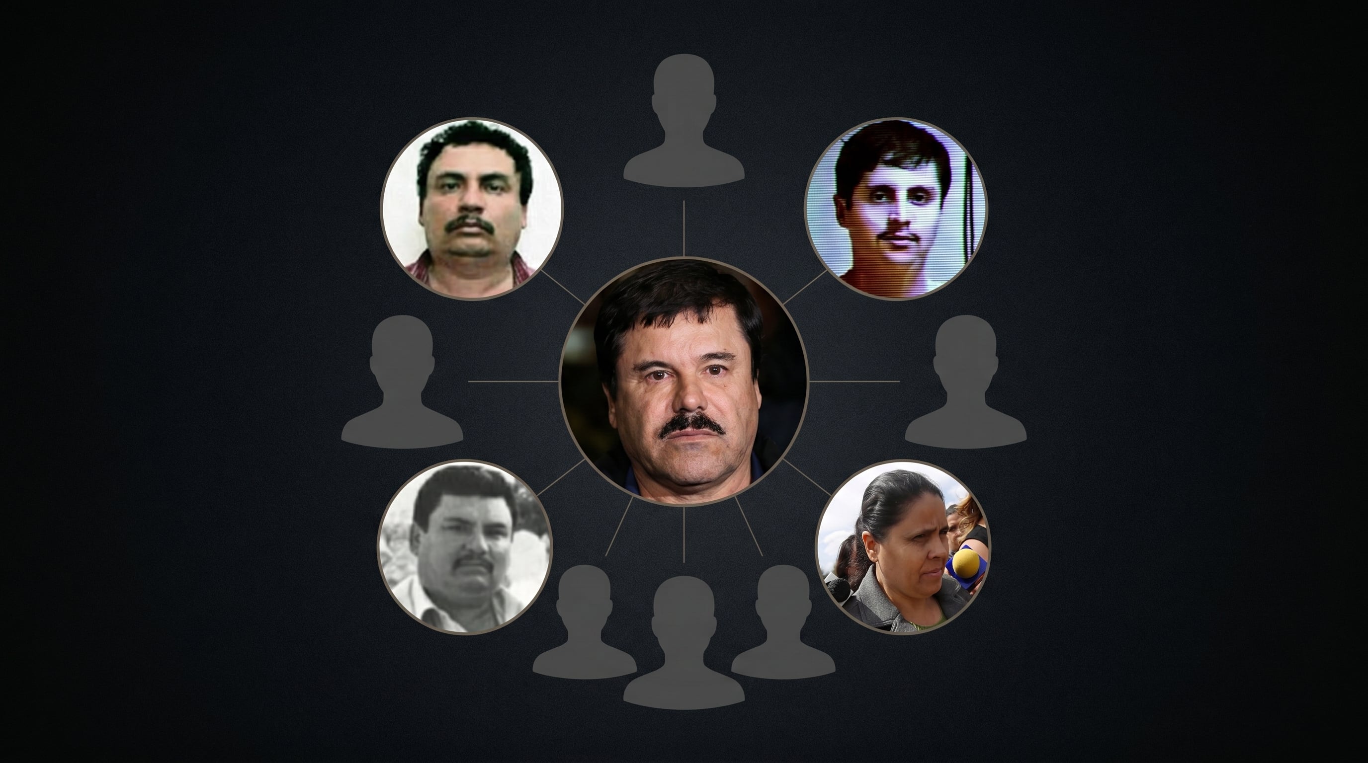 Composición gráfica que ilustra el árbol genealógico de la familia Guzmán Loera, con Joaquín