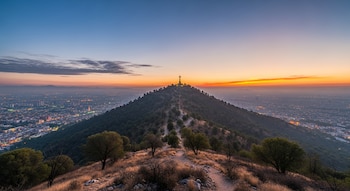 Vista aérea del Cerro de la Estrella con una cruz en la cima al amanecer, con caminos serpenteando la ladera y una ciudad iluminada al fondo.