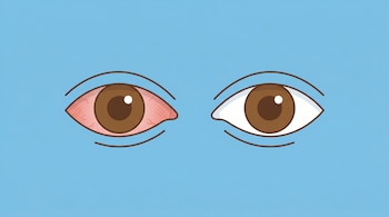 Ilustración plana de dos ojos marrones claros sobre fondo celeste; el ojo izquierdo está enrojecido y el derecho blanco e intacto, ambos con un brillo leve.