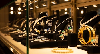 Primer plano de una vitrina de cristal con múltiples joyas de oro y plata, adornadas con diamantes, zafiros y esmeraldas, sobre soportes negros bajo luz cálida.