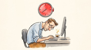 Ilustración de un hombre con anteojos sentado frente a un escritorio con computadora, teclado, taza de café y un reloj rojo en la pared.