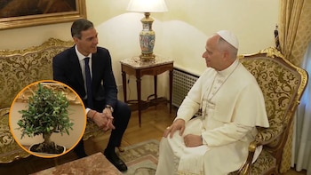 El papa León XIV y el presidente del Gobierno, Pedro Sánchez, junto al bonsái. (X)