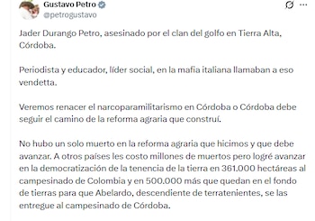 O presidente defende sua política agrícola, destaca a democratização da propriedade da terra para os agricultores - crédito @petrogustavo/X