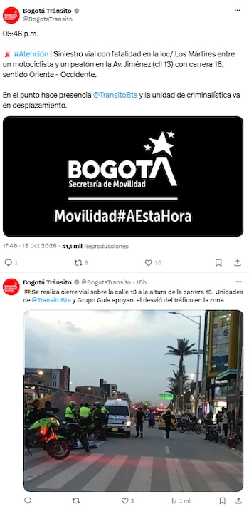 Investigan muerte de una persona tras accidente en el centro de Bogotá - crédito @BogotaTransito/X