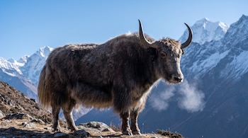 Un dzo con grandes cuernos y pelaje marrón oscuro expulsa vapor por la boca sobre un terreno rocoso ante montañas nevadas.