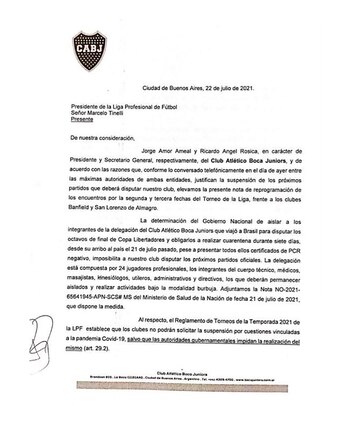 Carta de Boca a LPF