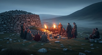 Vista horizontal de personas vestidas con atuendos antiguos reunidas alrededor de un cairn de piedra circular y antorchas encendidas en un paisaje brumoso al atardecer.