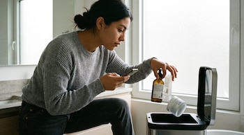Joven mujer mexicana sentada en un baño descarta productos de cuidado personal como botellas y frascos en un bote de basura, usando un teléfono.