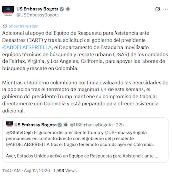El arribo de rescatistas extranjeros se produce después de que la Unidad Nacional para la Gestión del Riesgo de Desastres solicitara asistencia internacional - crédito Embajada de Estados Unidos en Bogotá
