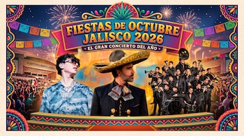 Cartel con el texto Fiestas de Octubre Jalisco 2026, artistas de música regional, fuegos artificiales y el Auditorio Benito Juárez al fondo.