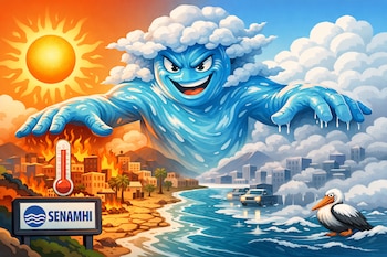 Ilustración de un gigante de agua y nubes sobre la costa peruana. Un lado tiene sol, fuego y un termómetro rojo; el otro, neblina, autos y un pelícano. Incluye el logo de SENAMHI.