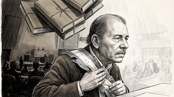 Dibujo a tinta de Daniel Ortega con una banda deshilachada, cuatro tomos atados suspendidos y un hemiciclo con personas al fondo.