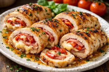 Plato con cuatro rollos de pollo rellenos, uno cortado, jamón, queso derretido, pimientos asados, perejil picado, tomates y albahaca.