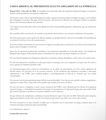 Por medio de una carta abierta, Ingrid Betancourt le hizo la petición a Abelardo de la Espriella, en honor a los militares - crédito @IBetancourtCol/X