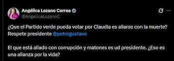La reacción en redes sociales mostró la tensión entre las funciones presidenciales de Petro y su participación en el debate electoral nacional - crédito @AngelicaLozanoC/X