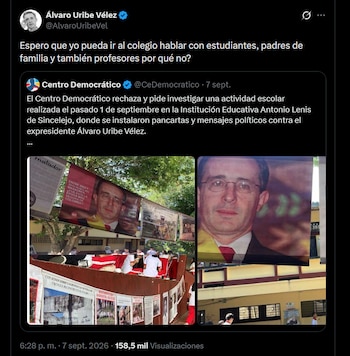 Álvaro Uribe Vélez propuso en X visitar un colegio de Sincelejo para hablar con estudiantes, padres de familia y profesores por la controversia escolar - crédito X