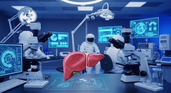 Un modelo tridimensional de hígado humano en un laboratorio moderno con microscopios, pantallas con gráficos, material de laboratorio e investigadores con trajes espaciales.