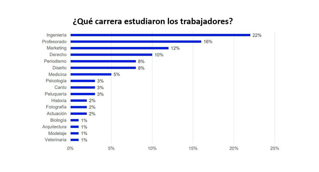 Un gráfico de barras muestra las carreras más estudiadas por trabajadores, destacando Ingeniería con un 22% y Profesorado con un 16%.