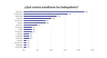 Gráfico de barras horizontal que muestra las carreras estudiadas por trabajadores, con Ingeniería (22%), Profesorado (16%) y Marketing (12%)
