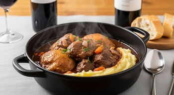 Cazuela de hierro con pollo al Malbec, puré de papas, zanahorias y cebolla. Detrás, dos botellas de vino tinto, una copa y pan.