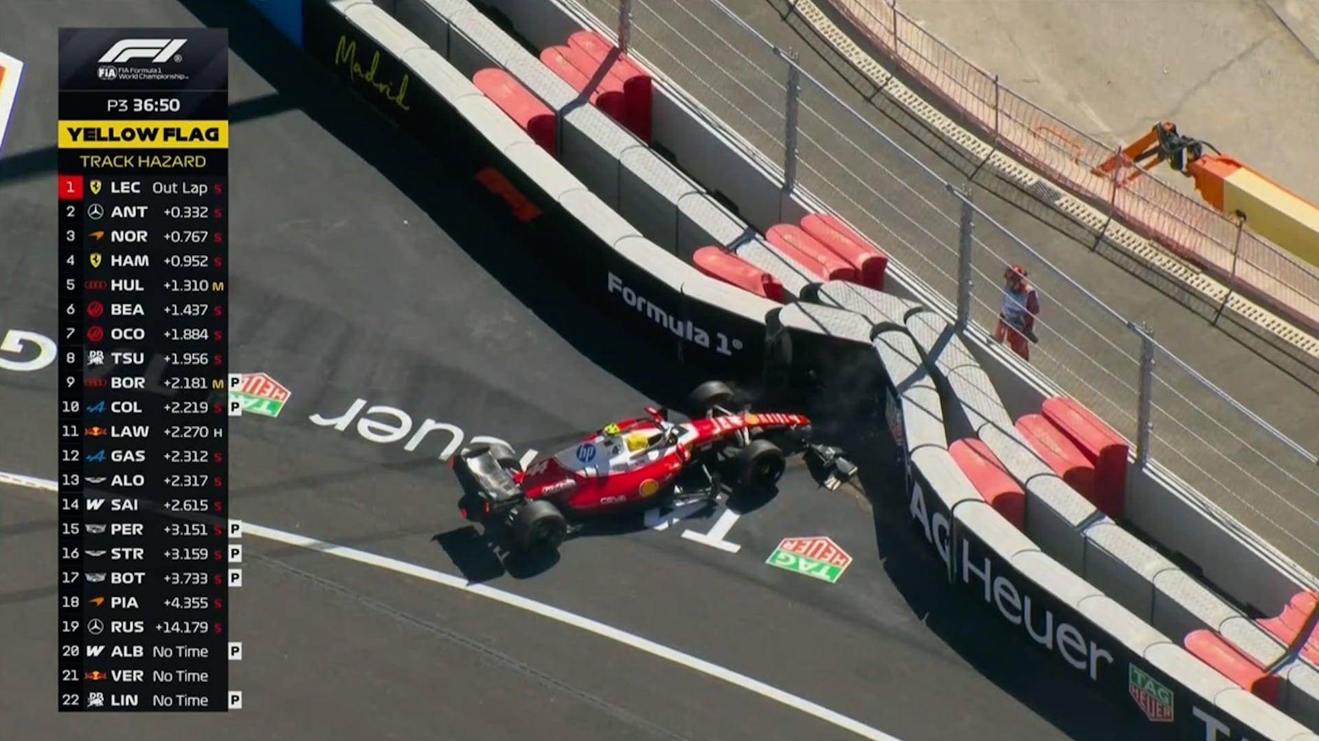 El monoplaza del piloto Lewis Hamilton colisiona contra las barreras de protección en el circuito durante el Gran Premio de España de Fórmula 1. (Captura de video)