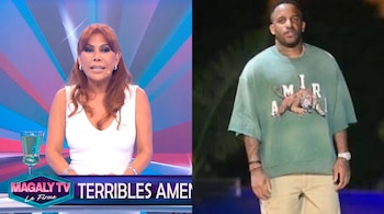 Composición con la conductora Magaly Medina en un set de televisión a la izquierda y el exfutbolista Jefferson Farfán de pie a la derecha.