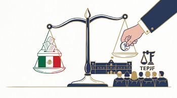 Ilustración: balanza con urna electoral mexicana en un platillo y mano depositando moneda con dólar en el otro. Fondo: Palacio Legislativo, TEPJF y magistrados.