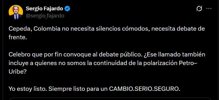 Sergio Fajardo indicó que está listo para participar en el debate presidencial - crédito @sergio_fajardo/X