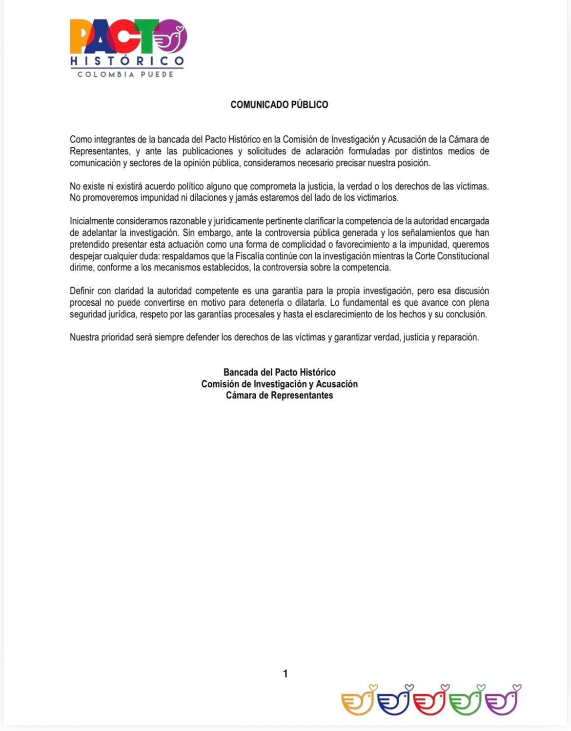 Esta fue el comunicado que compartió uno de los cinco congresistas del Pacto Histórico que votó a favor - crédito @BecerraGabo/X