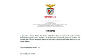 El comunicado del Benfica sobre
