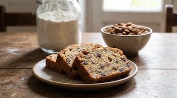 Rebanadas de budín con pasas y almendras dispuestas en un plato, con un frasco de harina y un cuenco de almendras en el fondo sobre una mesa de madera.