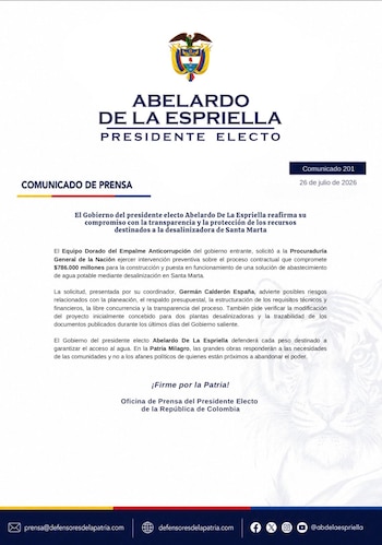Gobierno electo de Abelardo de la Espriella lanzó advertencia a la Procuraduría acerca de un contrato millonario en la desalinizadora de Santa Marta - crédito @defensoresco/X