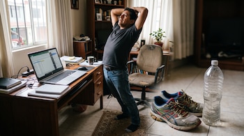 Un hombre estira la espalda junto a un escritorio con una computadora portátil, cerca de unas zapatillas deportivas y una botella de agua.