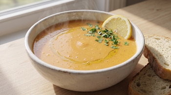 Cuenco con sopa cremosa de color naranja con perejil, limón y aceite de oliva junto a dos rebanadas de pan sobre una mesa de madera.