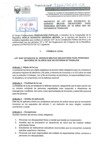 Servicio militar obligatorio, proyecto de ley |Congreso de la República