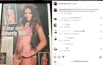 Andrea Valdiri y su primera portada en un periódico durante su época de modelo. Foto: Instagram @andreavaldirisos