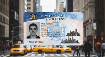 Primer plano de una licencia de conducir del estado de Nueva York sobre un fondo borroso de una calle concurrida de Nueva York con taxis amarillos y gente.