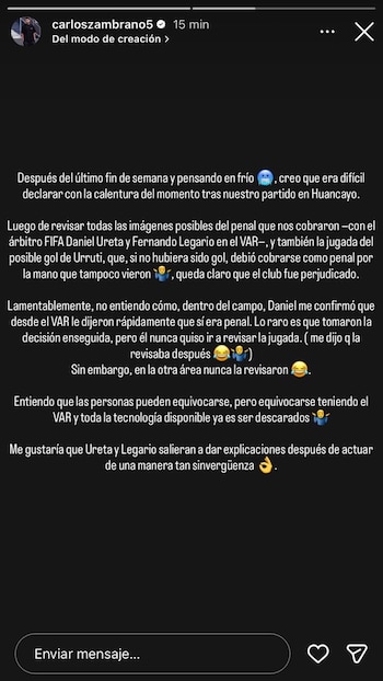 La historia de Carlos Zambrano en Instagram por el arbitraje y el penal cobrado en Sport Huancayo vs Sport Boys.