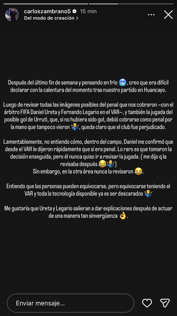 La historia de Carlos Zambrano en Instagram por el arbitraje y el penal cobrado en Sport Huancayo vs Sport Boys.
