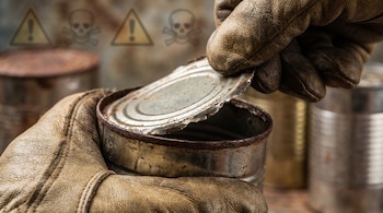 Mano con guante de cuero abriendo lata de metal oxidada. Al fondo, más latas y símbolos de advertencia de calavera y exclamación.