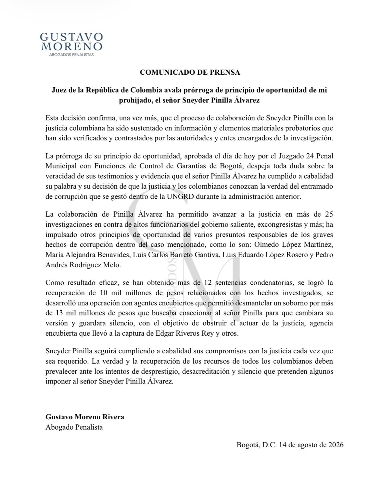 La defensa sostiene que la colaboración de Pinilla ha contribuido al avance de más de 25 investigaciones contra funcionarios y excongresistas - crédito @GustavoMorenoRi/X