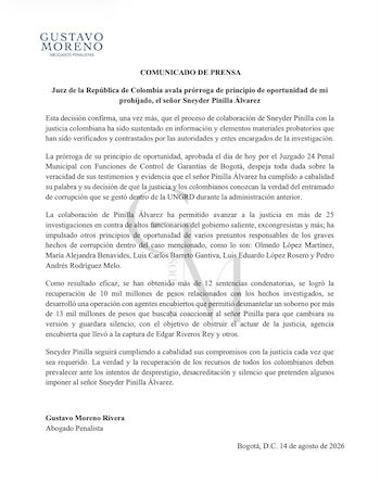 La defensa sostiene que la colaboración de Pinilla ha contribuido al avance de más de 25 investigaciones contra funcionarios y excongresistas - crédito @GustavoMorenoRi/X