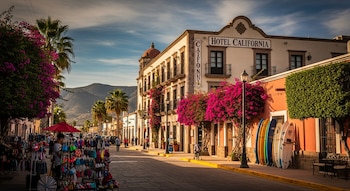 Vista de una calle soleada en Todos Santos con el Hotel California, árboles de buganvilla rosada, palmeras, tablas de surf, un puesto de artesanías y montañas al fondo.