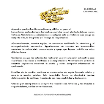 Un documento de texto blanco con el logo dorado de "Las Estrellas de la Cumbia" y el título "El Orgullo Lambayecano". Contiene un comunicado oficial