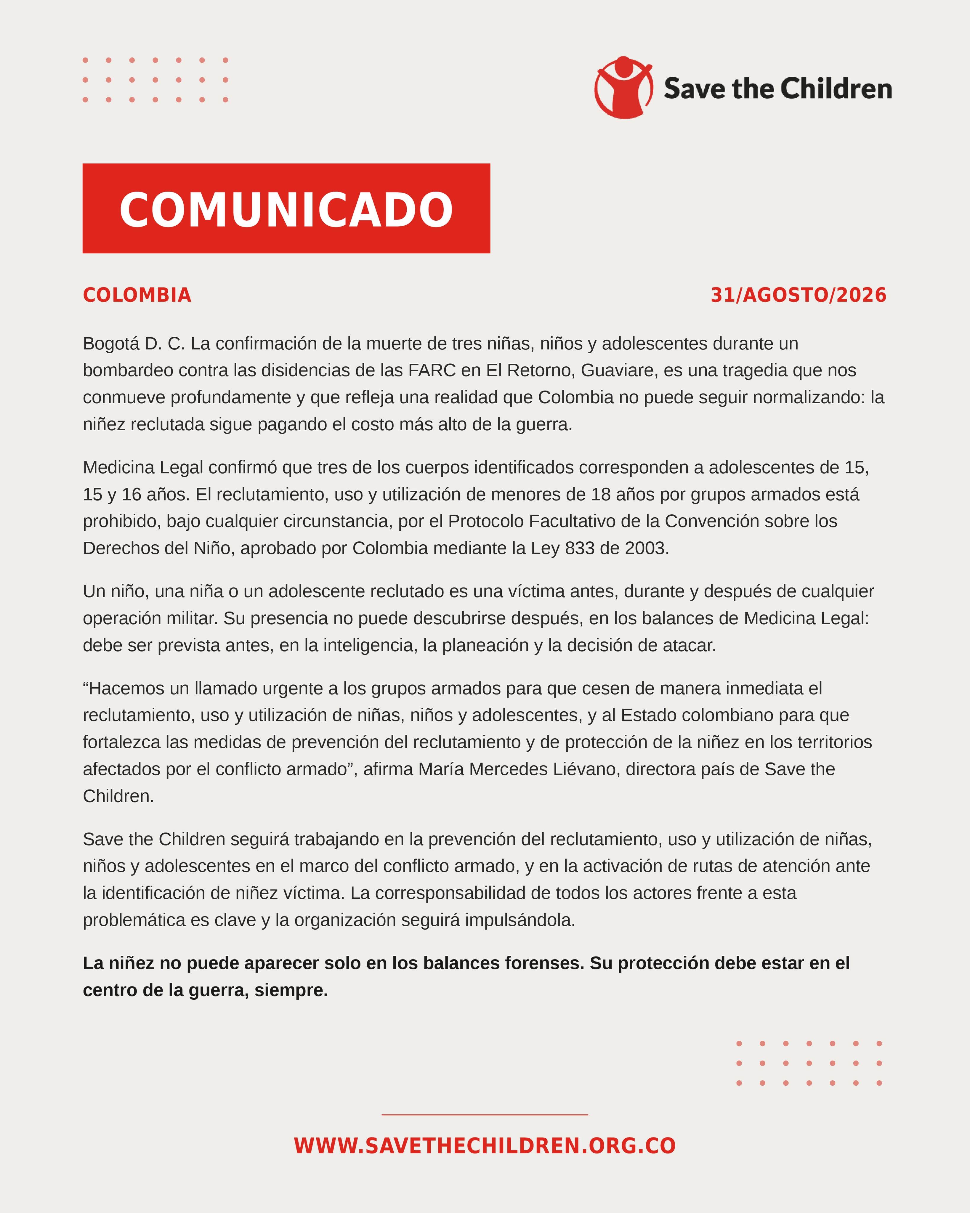 Con este comunicado, Save The Children se pronunció sobre los bombardeos en Guaviare en los que murieron tres menores de edad - crédito @savechcolombia/X