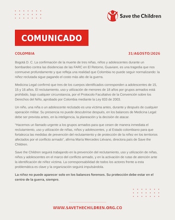 Save The Children se pronunció sobre bombardeos en Guaviare