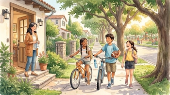 Ilustración de tres niños con bicicletas y una pelota caminando por una acera arbolada, mientras una mujer los mira desde la puerta de una casa.