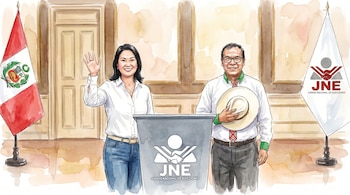 Ilustración acuarela de Keiko Fujimori y Roberto Sánchez sonrientes frente a un podio del JNE, con las banderas de Perú y del JNE a los lados.
