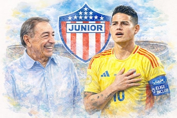 Ilustración en acuarela de Fuad Char sonriendo y James Rodríguez con la mano en el pecho, con el escudo del Junior y el estadio Metropolitano de fondo.